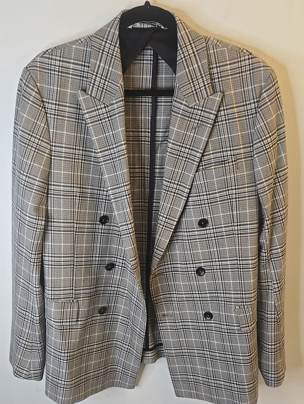 Zara Men's Double-Breasted Glen Plaid Blazer in Gray
